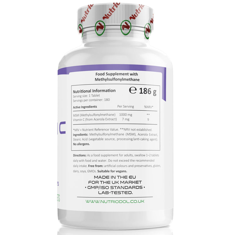 MSM 1000 mg + Acerola Vitamin C – 180 Vegan Tablets | Pure Methylsulfonylmethane with Natural Vitamin C | Clean-Label, Split-Friendly Tablets | EU GMP/ISO Made