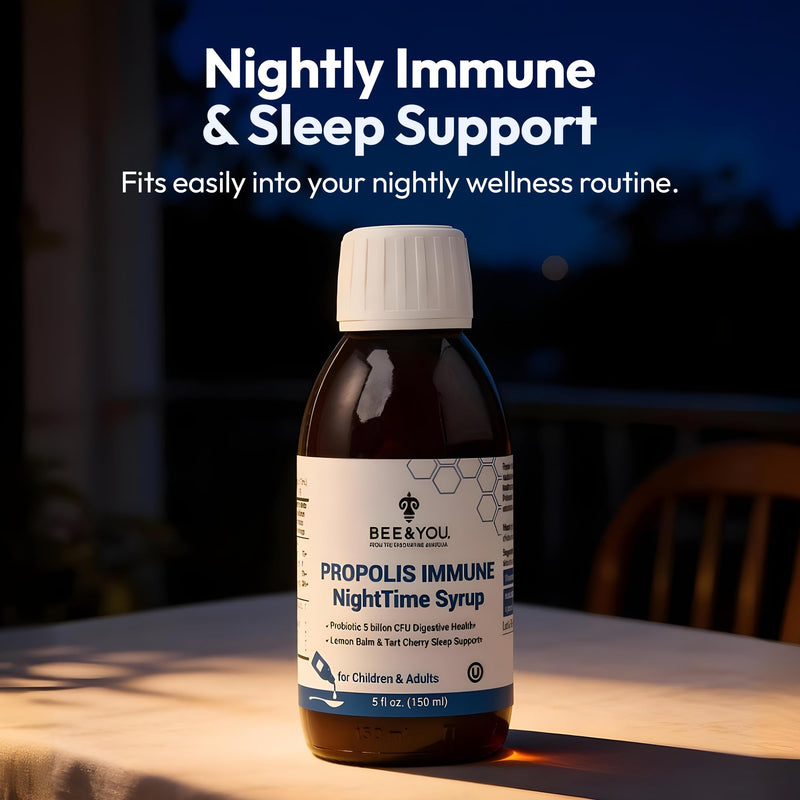 Bee and You Propolis Immune Nighttime Syrup with Probiotic & Vitamin C – Immune & Digestive Support, Healthy Sleep & Gut Health, Antioxidant Rich, 150 ml