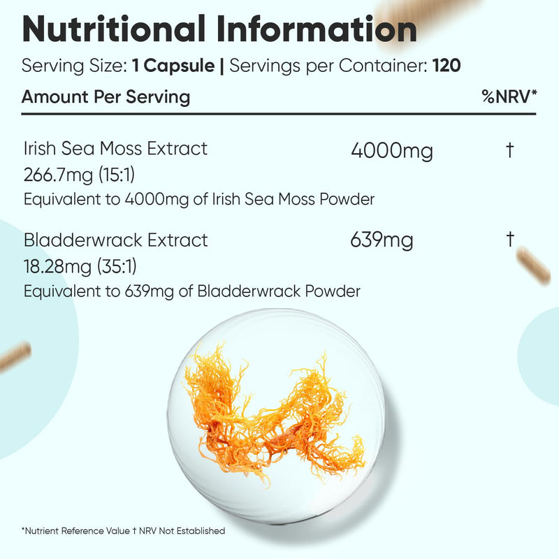 Irish Sea Moss 4000mg - 4 Months Supply - 120 Sea Moss Capsules - Added with 639mg of Bladderwrack - 1 Capsule a Day - Made in the UK - Non-GMO - Vegan & Magnesium Stearate-Free Supplement