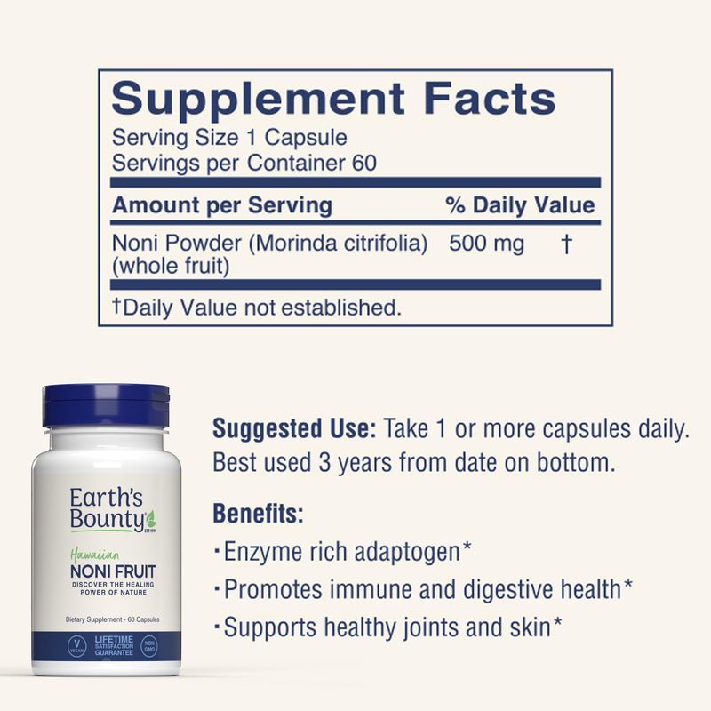 [Australia] - Earth's Bounty Hawaiian Noni Fruit Capsules - 60 Veggie Caps - Healthy Immune System & Joint Health Support - 100% Natural & Pure Noni - Vegetarian 