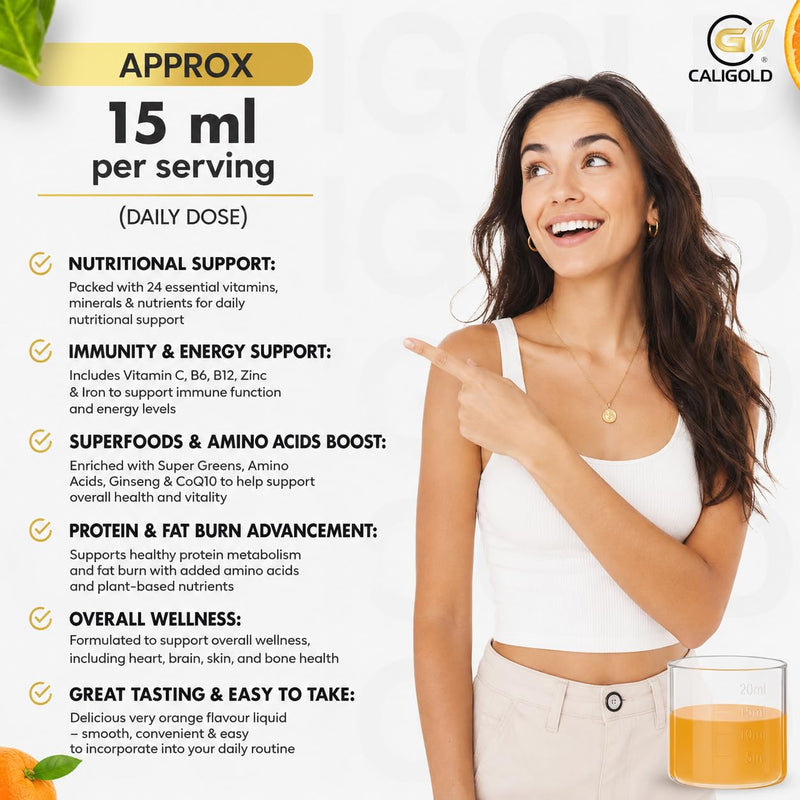 CALIGOLD Health Super Ultra Multivitamins and Minerals - Super Liquid Vitamins Boost Includes Super Greens & Amino Acids in Orange Flavour Daily Supplement