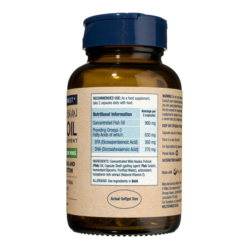 Wiley's Finest Wild Alaskan Fish Oil Easy Swallow Minis - Omega-3 Fish Oil Supplement for Adults and Kids - Double-Strength 630mg EPA and DHA Natural Supplement - 60 Mini Softgels (30 Servings) 60 count (Pack of 1)