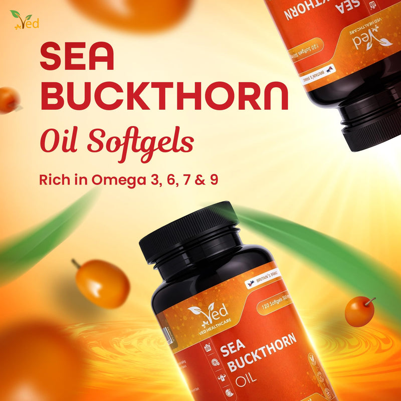 VED Sea Buckthorn Oil Soft Capsules | Boost Immune System | Omega-7 500 mg | 120 Softgels.