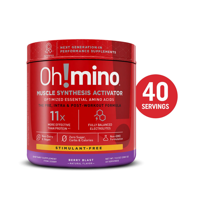 [Australia] - Oh!mino Amino Acid Energy Blend - Sugar-and-Stimulant-Free, Pre-Post Workout Powder, BCAA Amino Acids, Workout Recovery Drink, Muscle Synthesis Activator, Berry Blast, 280 g, 40 Servings Berry Blast (Stimulant-Free) 40 Servings (Pack of 1) 