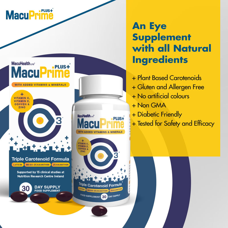 MacuPrime Plus+ Eye Health Supplements – Food Supplement Helps Maintain Normal Vision – Lutein, Meso-Zeaxanthin & Zeaxanthin, 120 Capsules – 1 Month Supply 30 count (Pack of 1)