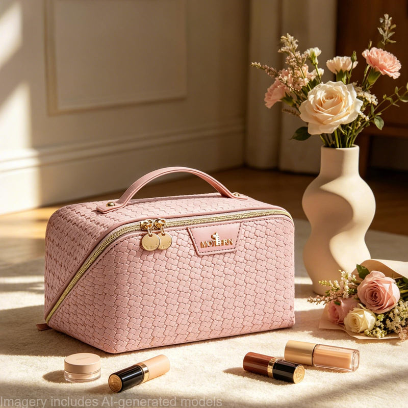 Travel Makeup Bag for Women: 3 Pcs Set Vagen Leather Make up Bag Hand-made | Large Capacity Toiletry Organizer Bag - Waterproof Ladies Travel Flat Open Essentials for Luxury (01Pink) 01Pink Travel Makeup Bag