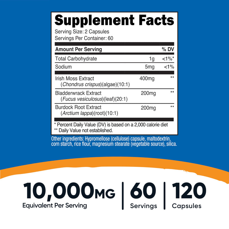 [Australia] - Nutricost Irish Sea Moss Extract (10,000mg) 120 Capsules - Bladderwrack, Burdock Root, Vegan, GMO-Free, 60 Servings 