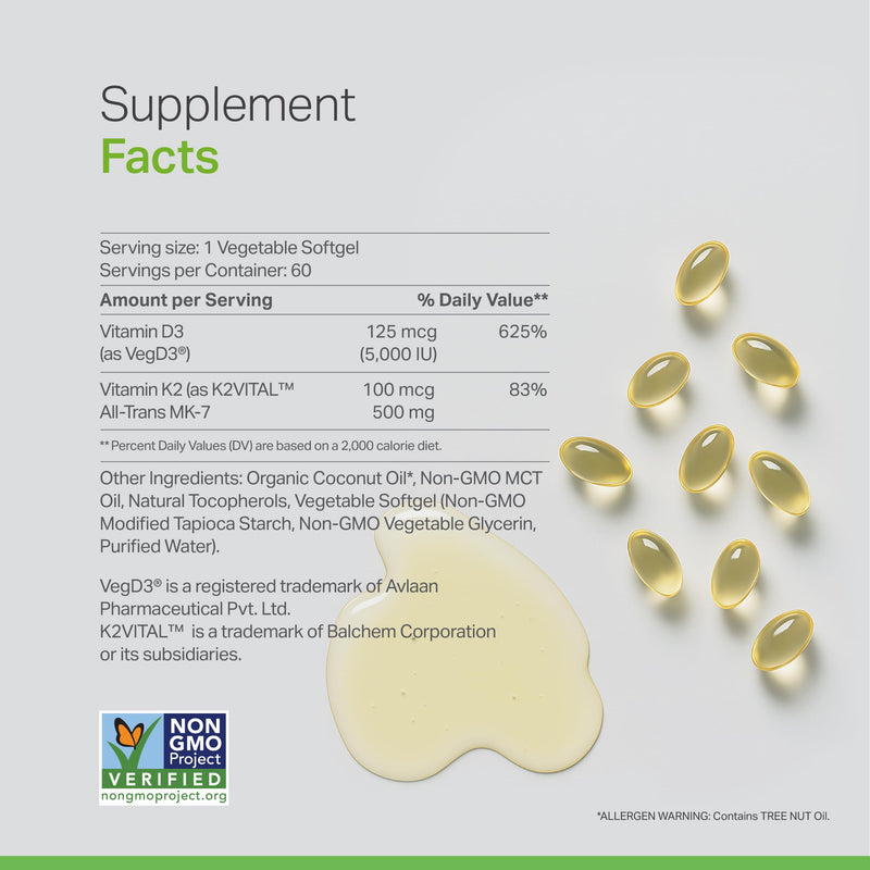 Vitamin D3 + K2 w/Organic Coconut Oil, Enhancing Bone Health, Optimizing Circulatory System, Plant-Based, Made in USA - Pure Synergy - Micro Ingredients - Men, Women - Non-GMO 60 Softgels