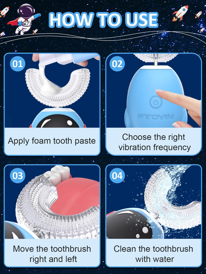 [Australia] - FTOYIN Kids Electric Toothbrush with 3 Brush Heads, U Shaped Ultrasonic Toothbrush Kids with 5 Modes, 45s Smart Reminder, 360-Degree Automatic Cleaning, IPX7 Waterproof Design for Ages 2-12 Blue 1 Count (Pack of 1) 