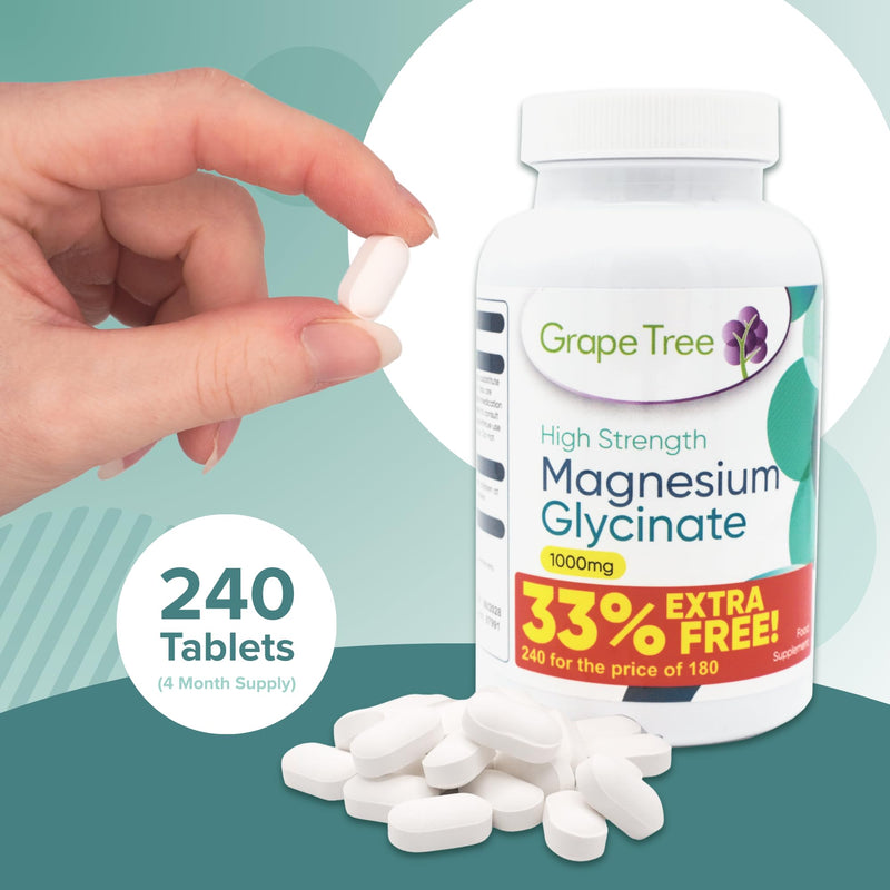Grape Tree Magnesium Glycinate 1000mg Supplements 240 Vegan Tablets with 140mg of Elemental. High Strength Magnesium Supplements. Easy to Digest Tablets for Sleep and Energy.