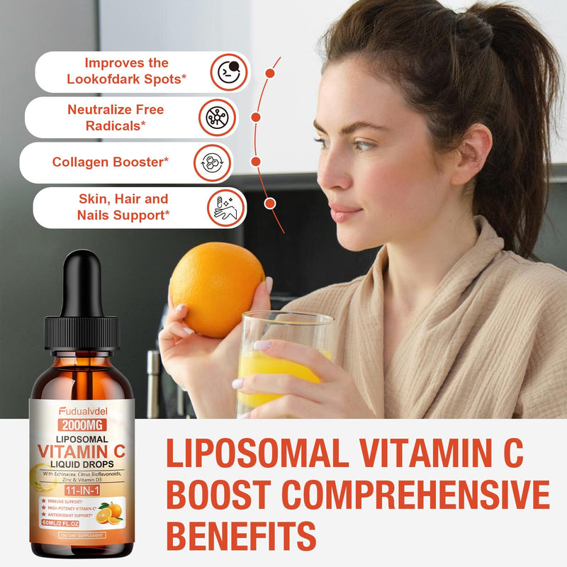 2 Pack Liquid Vitamin C Drops 2000mg, Liposomal Vitamin C Complex with High Absorption, Rose Hips, Echinacea, Citrus Bioflavonoids and Zinc for Immune System Support & Antioxidant Benefits,4 FL Oz. 2 Fl Oz (Pack of 2)