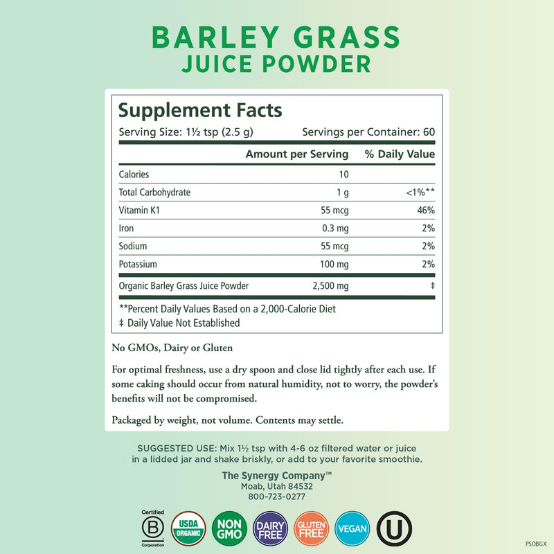[Australia] - PURE SYNERGY Organic Barley Grass Juice Powder | Chlorophyll-Rich Greens Powder | Organic Cold-Pressed Barley Grass Juice | for Energy, Detox, and Digestion Support (5.3 oz. Powder) 