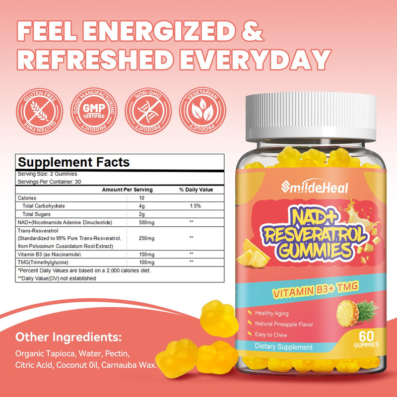 NAD+ Resveratrol Gummies NAD+ Supplement 500mg with Vitamin B3 & TMG – Healthy Aging, Energy & Cellular Health Support – Vegan Friendly, Natural Pectin – 60 Gummies, 30-Day Supply 60 Count (Pack of 1)