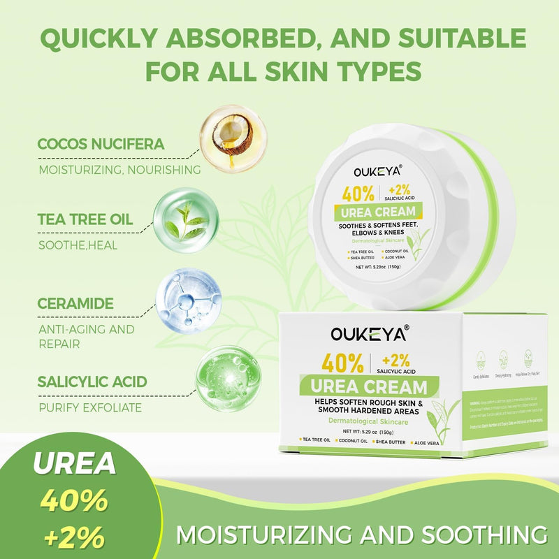 OUKEYA 40% Urea Foot Cream Salicylic Acid Tea Tree Oil Cracked Dry Skin | Ceramides Nourish Feet Hands Elbows Knees 150G 5.29 Ounce (Pack of 1)