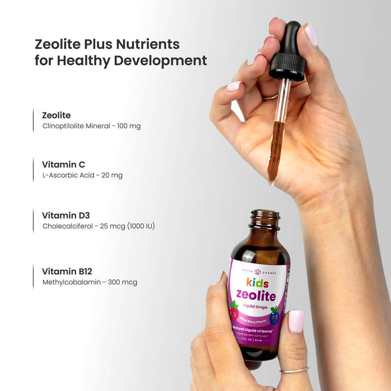 NutraChamps Zeolite Liquid Mineral Drops for Kids with Vitamins C, D3 & B12 - Immune Support Clinoptilolite Supplement for Daily Wellness Support – 60 mL, Berry Flavor