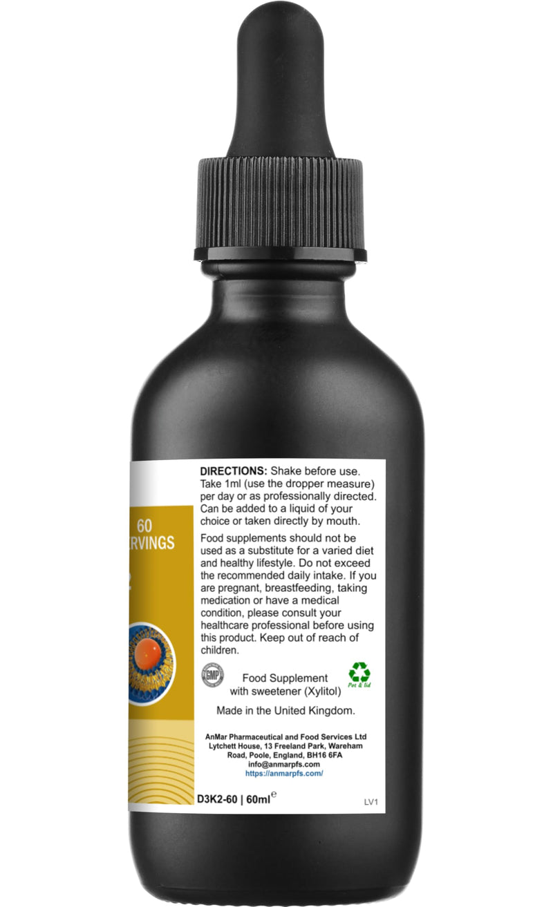 AnMar® Liposomal Vitamin D3 + K2 Liquid – High Strength 4000 IU D3 with MK-7 Vitamin K2 – Apple & Vanilla Flavour Liposomal Vitamin Drops – 60ml (60 Servings)