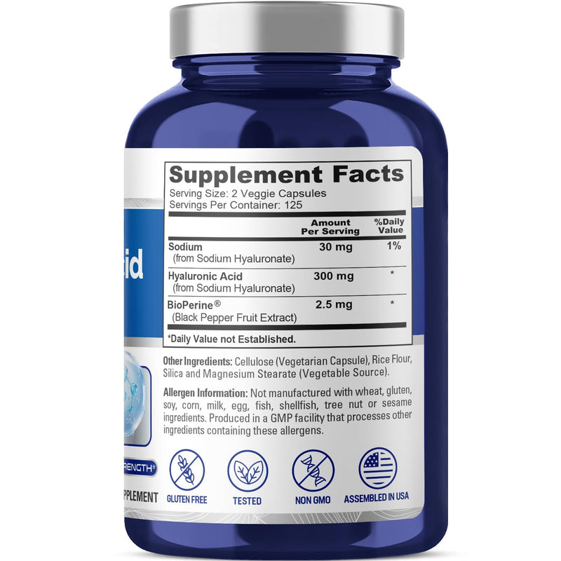 [Australia] - NusaPure Hyaluronic Acid 300mg 250 Veggie Capsules (Non-GMO, Gluten Free) 