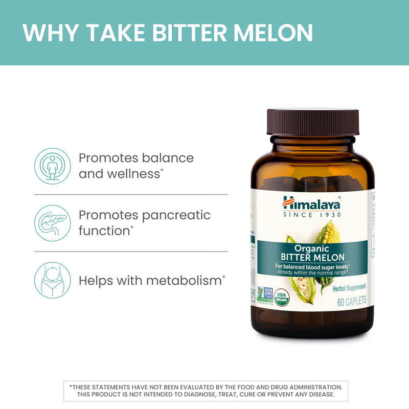 [Australia] - Himalaya Organic Bitter Melon - Herbal Glucose Metabolism Support - USDA Organic, Non-GMO, Vegan, Gluten Free, Additive Free, 660 mg, 60 Caplets 60 Count (Pack of 1) 