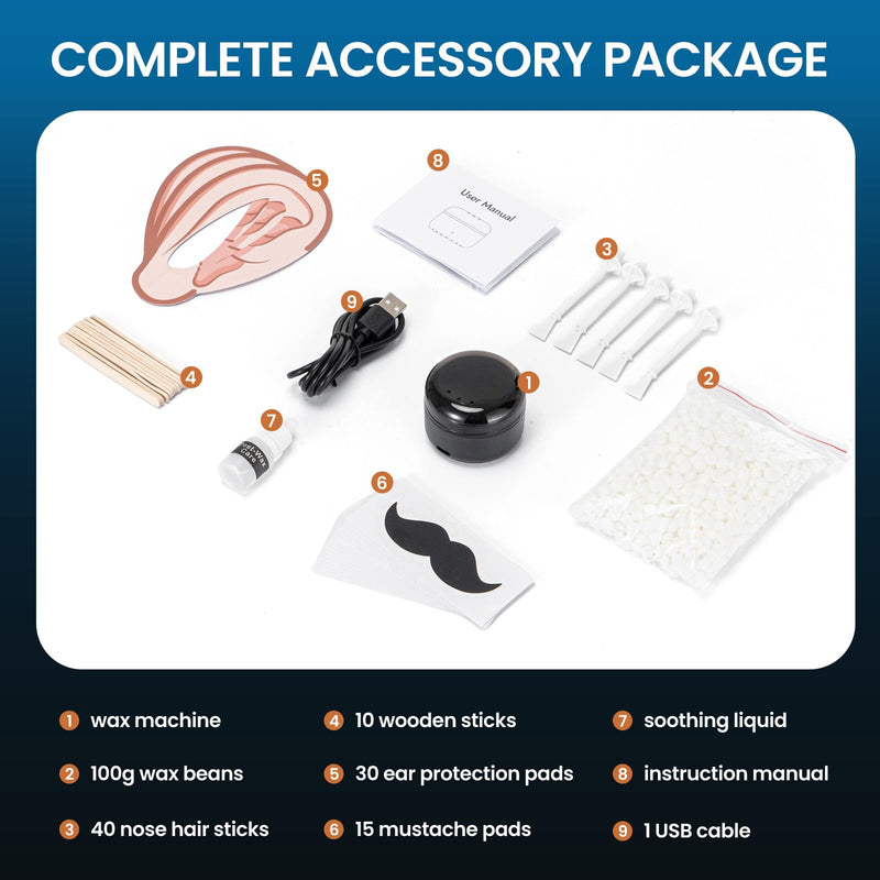 Nose Wax Kit Men, Ear Hair Removal For Men, Ear Hair Waxing Kit with 100 g Wax, 40 Nose Sticks, 20 Times Use, Usb Rapid Heating, Constant Temperature, Painless, Black