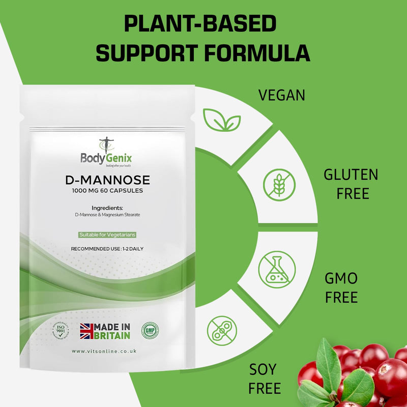 Bodygenix D-Mannose 1000mg Capsules High Strength UTI Treatment Immune System Support Vegan Food Supplement - 60 Capsules 2 Month Supply 60 count (Pack of 1)