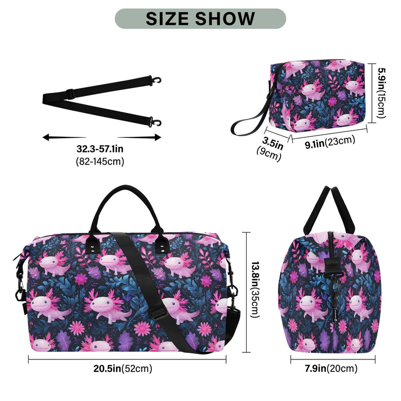 Cute Axolotl Animal Large Travel Duffle Bag Weekender Overnight Bags Gym Yoga Bag for Women Men with Toiletry Bag Multicolor 6