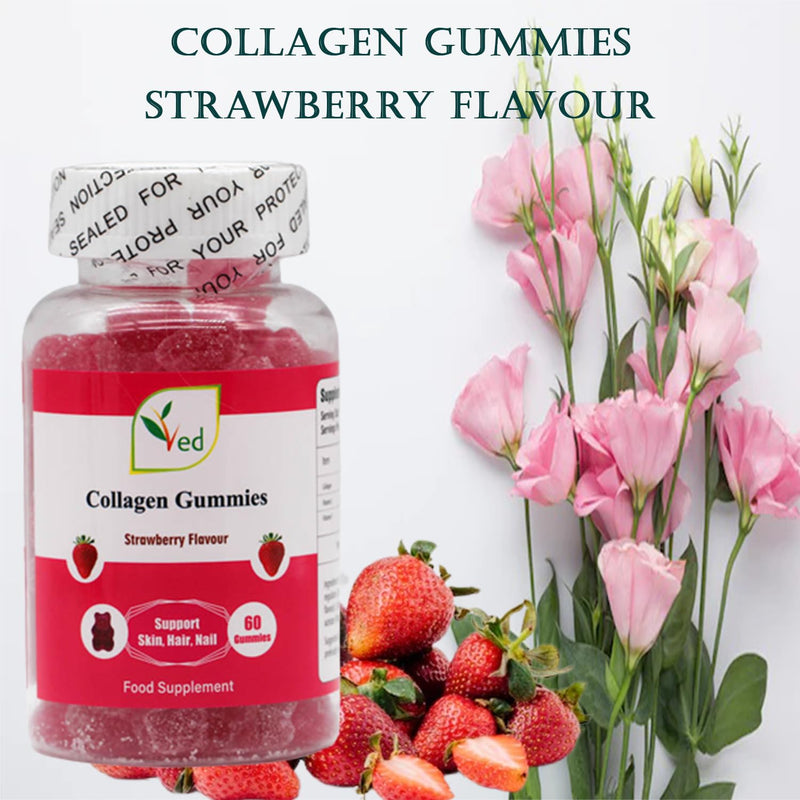 Ved Collagen Gummie Chew Gummies Strawberry Flavour, Raw Unfiltered Collagen Gummies with Vitamin C, Vitamin E, Health Supplement for Men and Women- 60 Chews 30 Days’ Supply