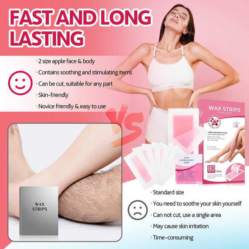 [Australia] - Wax Strips for Hair Removal, Wax Strips, Waxing Kit For Women Face, Body, Arms, Legs, Chest, Back, Bikini Wax Strips, Waxing Hair，Removeal Kit with 80PCS + 4 Calming Oil Wipes 1 Count (Pack of 80) 
