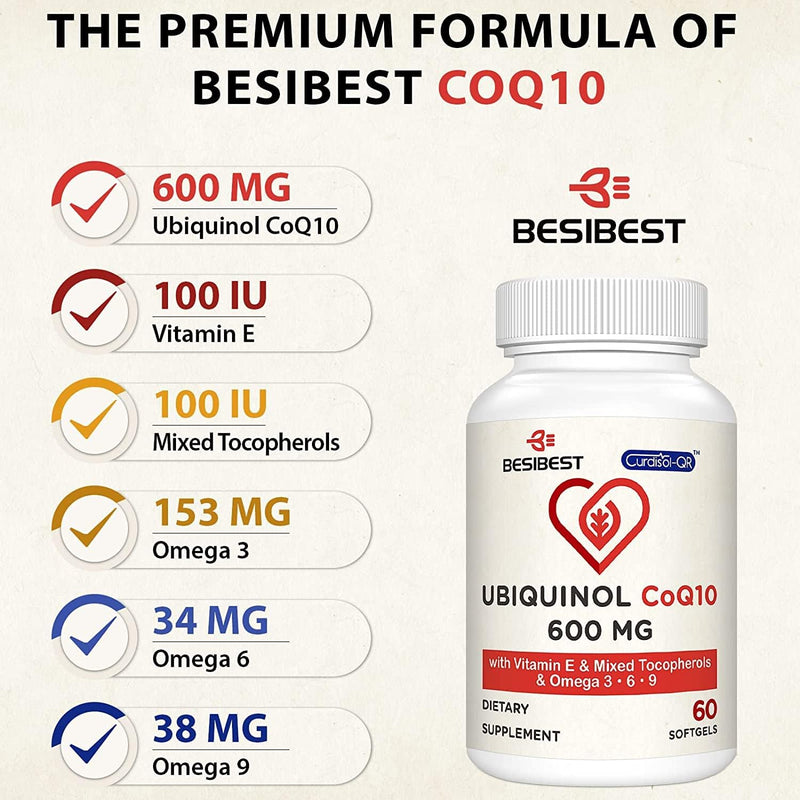 [Australia] - Ubiquinol CoQ10-600mg-Softgel, Active Coq10 Ubiquinol Supplement with Vitamin E & Omega 3, 6, 9, High Absorption-Coenzyme-Q10, Powerful Antioxidant for Energy Production, Tested, 60 Count 60 Count (Pack of 1) 