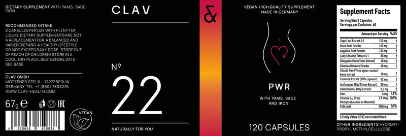 CLAV N°22 Power for Women with Wild Yam, Maca, Vitex Agnus-Castus & Siberian Rhubarb + Iron, B12 & Folic Acid - 120 Vegan Capsules - 60 Days Supply - Vegan