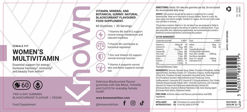 Known Women’s Multivitamin Gummies – Berry Flavour – Vegan Gummy Supplement - Vitamins A, C, D3, E, B6, B12, Biotin, Iron, Zinc, Iodine, Sea Moss – Energy, Skin, Hair & Immune Support – 1 Month Supply 1 count (Pack of 60)