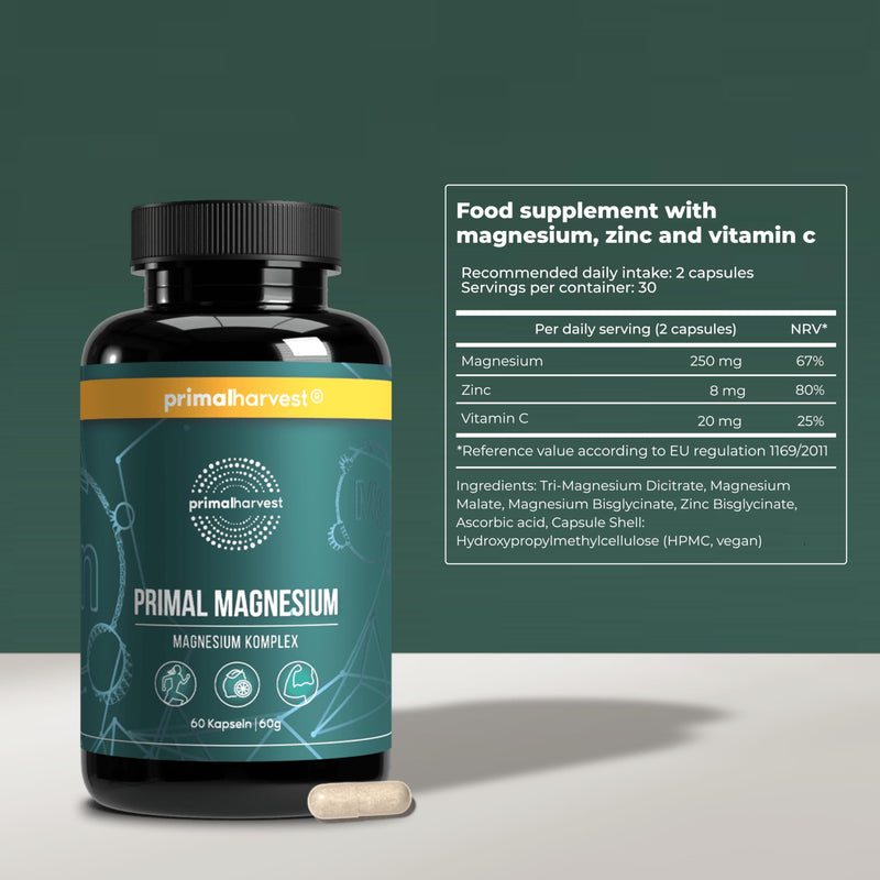 Primal Magnesium by Primal Harvest - Magnesium Supplement with Added Zinc for Men and Women, Dairy, Soy and Gluten Free, 30 Capsules