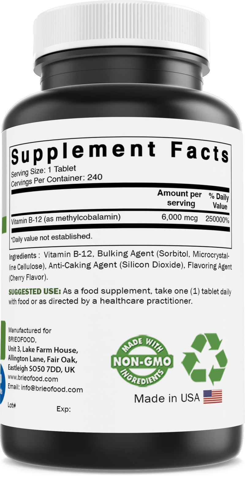 Brieofood Vitamin B-12 (Methycoballamin) 6000 mcg- 240 Tablets. Non-GMO, and Gluten Free
