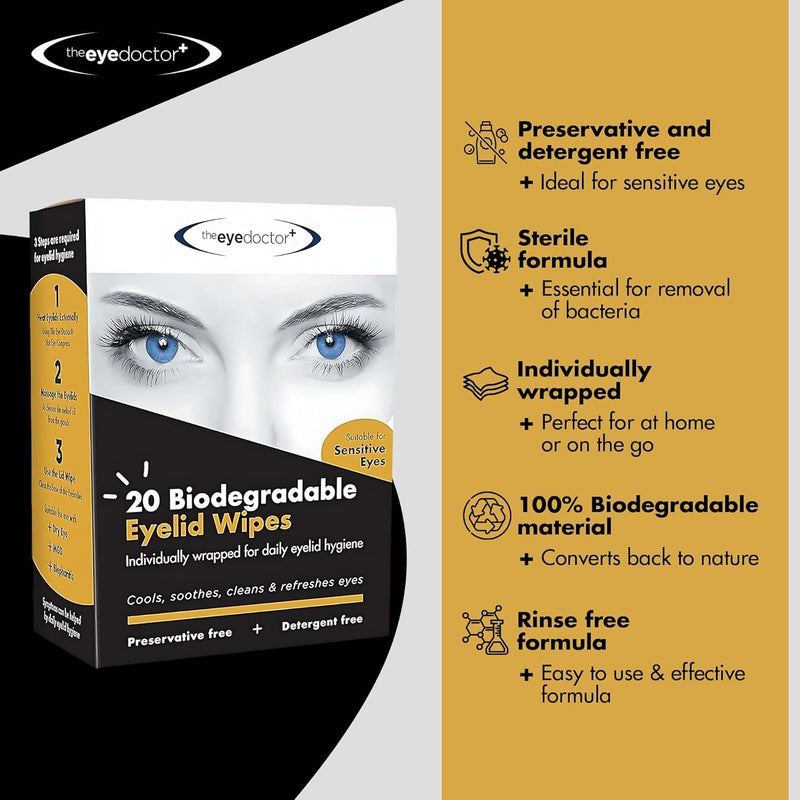 [Australia] - The Eye Doctor Biodegradable Eyelid Wipes - 40 x Single Use Eye Cleaning Wipes for Daily Lid Care - Individual Preservative Free Sensitive Eye Cleaner - Soothes Cleans and Refreshes Biodegradable Wipes 40 Count (Pack of 1) 