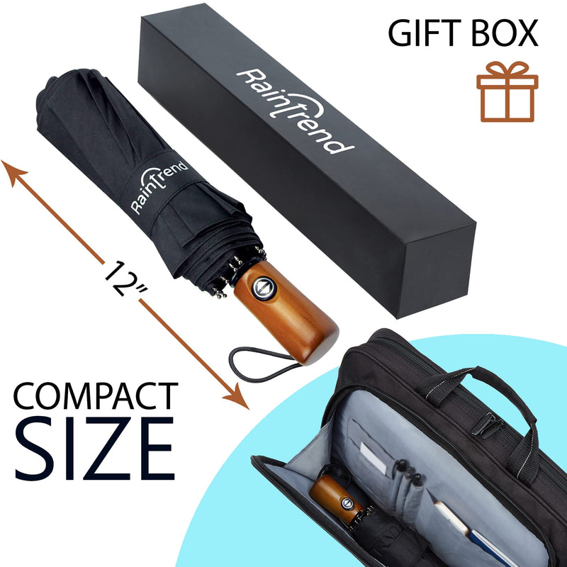 Raintrend 2 Pack Umbrellas for Rain Windproof Travel Black and Sky Blue Umbrella - Large Double Canopy but Compact Folding Portable - Automatic Strong Wind Resistant Construction