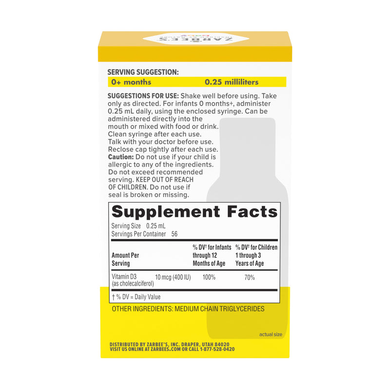 Zarbee's Baby Vitamin D Drops, 400 IU per Drop, with Dropper, 0.47 fl oz 0.47 Fl Oz (Pack of 1)