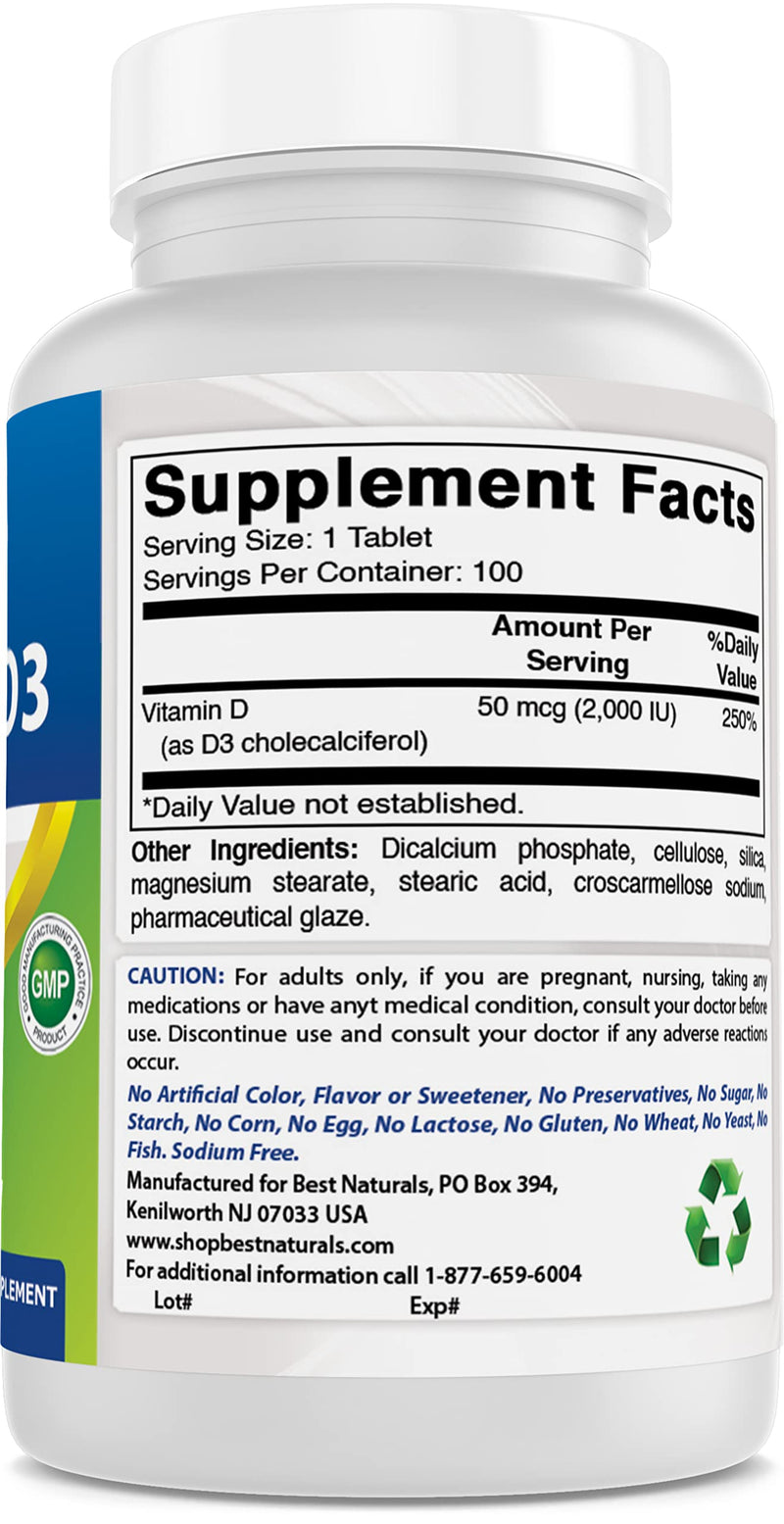 Best Naturals Vitamin D3 2000 IU (50 mcg) - 100 Tablets - 100 Days Supply - Helps Support Immune Health, Strong Bones and Teeth, & Muscle Function (100 Count (Pack of 2))
