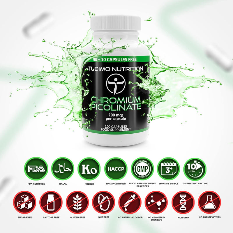 Chromium Picolinate 200mcg Capsules - 100 pcs (3+ Month Supply) of Rapidly Disintegrating Capsules, Each with 200 mcg of Premium Quality Chromium Powder