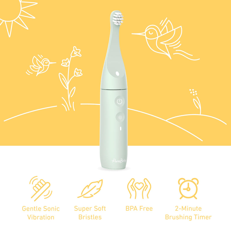 Pure Enrichment PureBaby Infant-to-Toddler Electric Toothbrush - Waterproof Baby & Toddler Toothbrush with Silicone & Bristle Heads, Sonic Vibration, & Timer - Ages 6 Mo-3 Yrs (Sage Green)