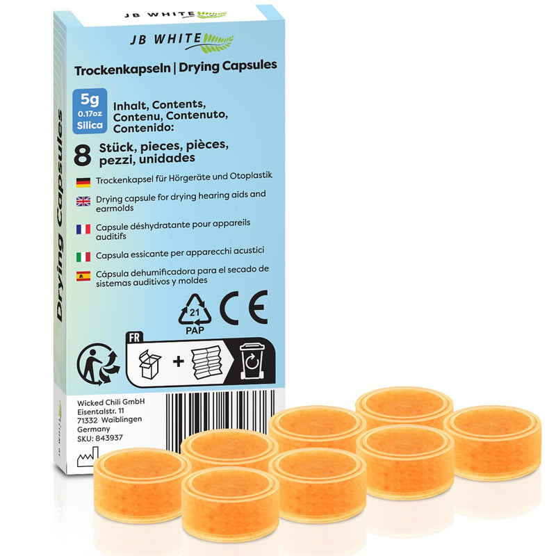 JB White 16 pcs Drying Tablets/Capsules for Hearing aids and earmolds, Orange Silica, Against Moisture, Hearing Aid Desiccant Compatible with Phonak, Cedis (16x, Color Indicator, Individually Sealed)