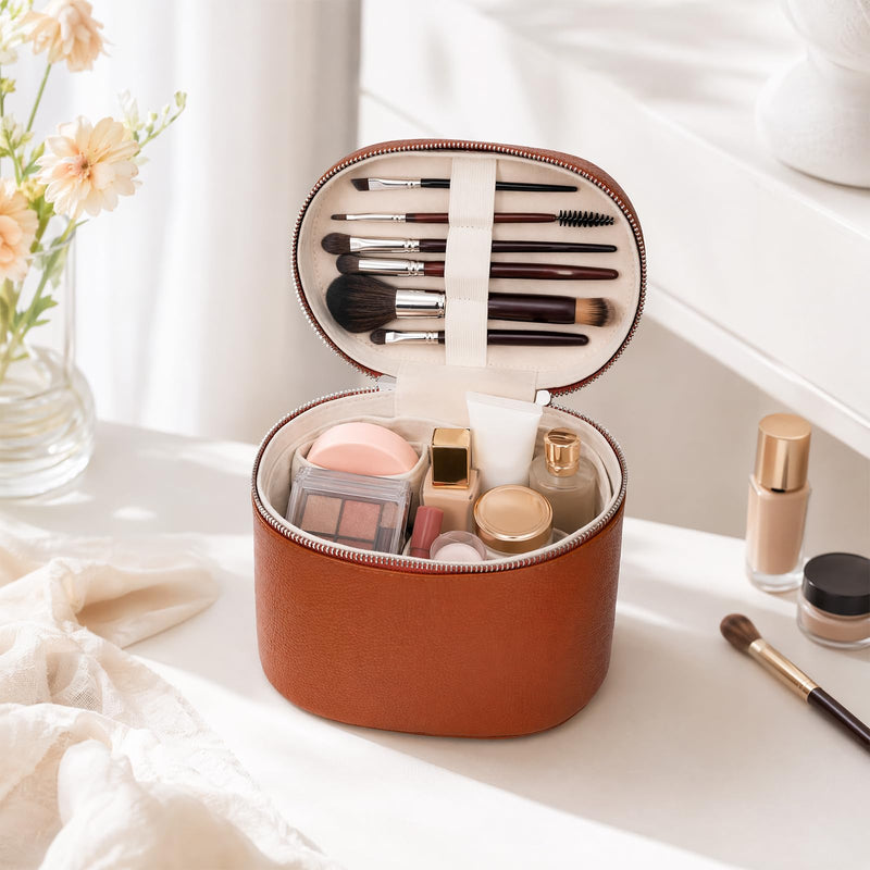Cosmetic Case, Leather Makeup Bag, Portable Handheld Makeup Case, Detachable Compartments Coffee M(8*5.5*6in)