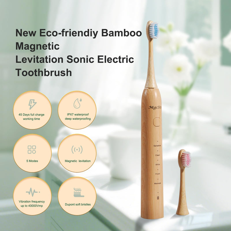 [Australia] - Sonic Electric Bamboo Toothbrush for Adults -5 Adjustable Cleaning Modes -Includes 2 Bamboo Heads with Castor Oil Bristles - Upgraded IPX7 Waterprood -Convenient Charging & Travel Case 