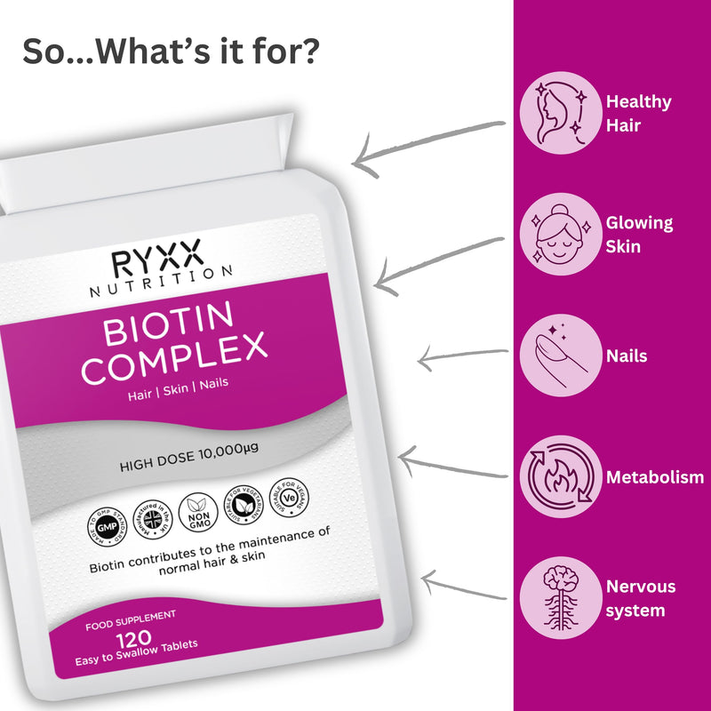 Biotin Complex 10,000µg | High Strength Biotin for Hair Growth, Skin & Nails | 120 Vegan Tablets | Made in the UK by RYXX
