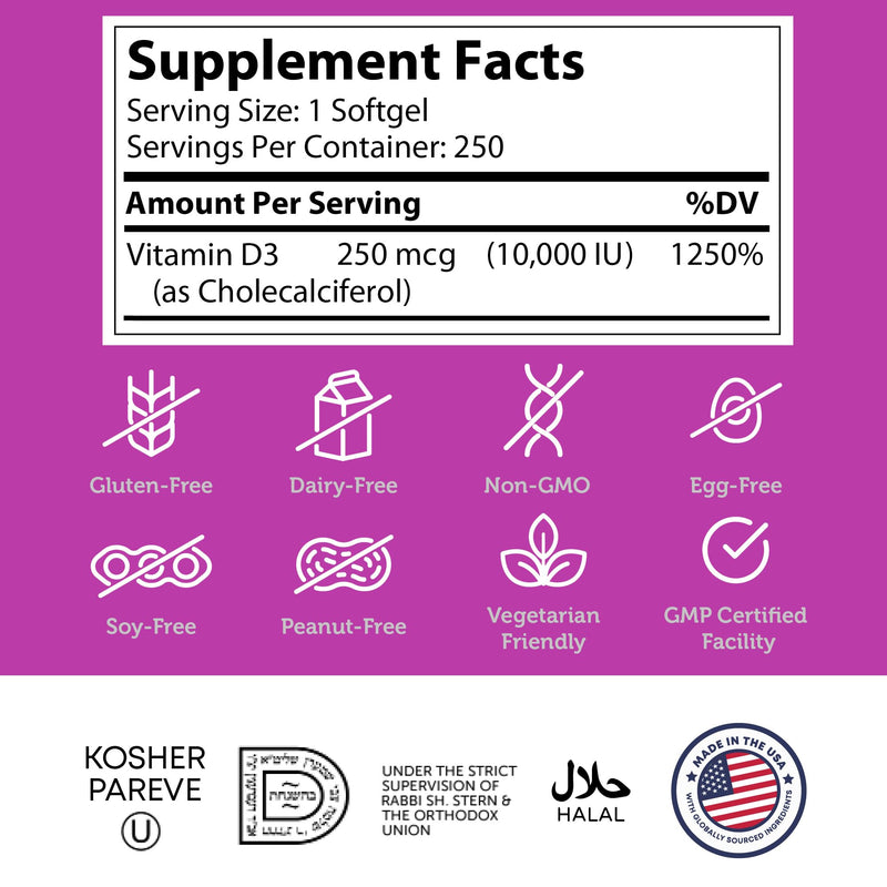 Zahler - Advanced Vitamin D3 10,000 IU Softgels (250 Count) Kosher Vegetarian Friendly Vitamin D for Immune Support, Bone, Teeth & Muscle Health - Easy Swallow VIT D 3 (Pack of 2) 250 (Pack of 2)
