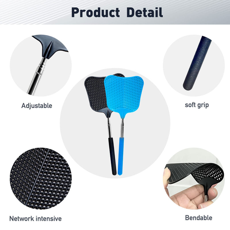 Fly Swatter, Flexible and Durable Telescopic Stainless Steel Retractable Handle ，manual fly swatters for Home,Garden,Classroom and Office (2Pcs Black& Blue)