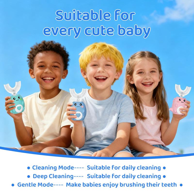 Kids U Shaped Electric Toothbrush, with 3 Cleaning Modes, with 4 Brush Heads, 360° Sonic Automatic Toothbrush, IPX7 Waterproof Cartoon Dinosaur Design (Ages 2-12) Dark Blue