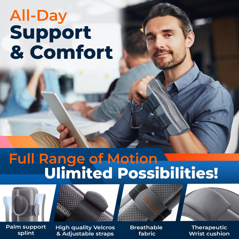 [Australia] - DR. BRACE Adjustable Wrist Brace Night Support for Carpal Tunnel, FSA & HSA Eligible, Doctor Developed, Upgraded with Double Splint & Therapeutic Cushion, Hand Brace For Pain Relief, Injuries, Sprains Small/Medium (Right Hand) Grey 
