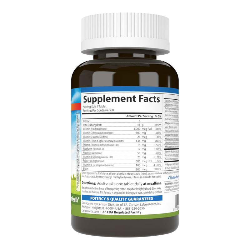 Carlson Super 1 Daily, Vegetarian Multiple Formula, 60 Tablets | Multivitamin; Balanced Amounts of beneficial Nutrients; Once Daily Formula; Optimal Wellness 60 Count (Pack of 1)