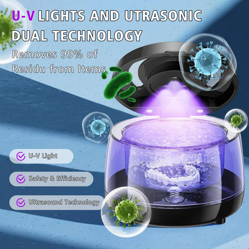 [Australia] - Ultrasonic Retainer Cleaner, 43kHz Ultrasonic Denture Cleaner Jewelry Cleaning Machine Eyeglass Cleaner for Watches Dentures Ring Razor Makeup Brush Black 