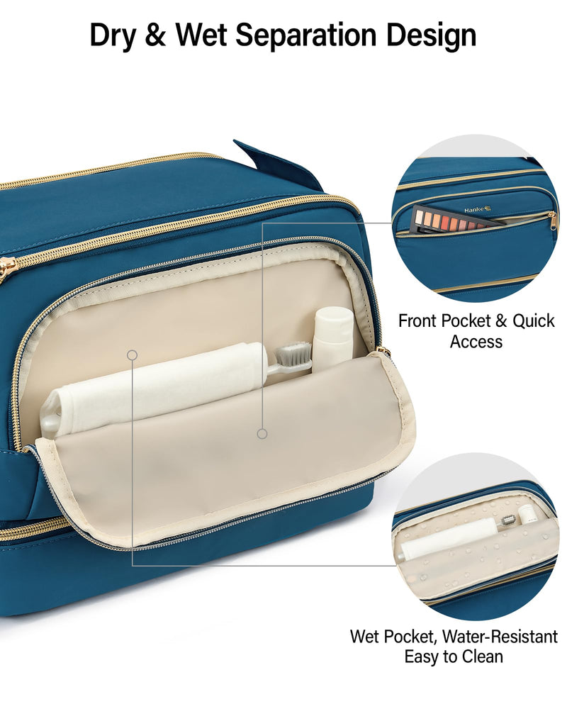 Hanke Travel Toiletry Bag, Lightweight Wide-open Makeup Bag, Dual-Layer Travel Bag for Toiletries Water-Resistant Cosmetic Bags Large Toiletry Bags for Women & Men, Travel Essentials, Navy Blue