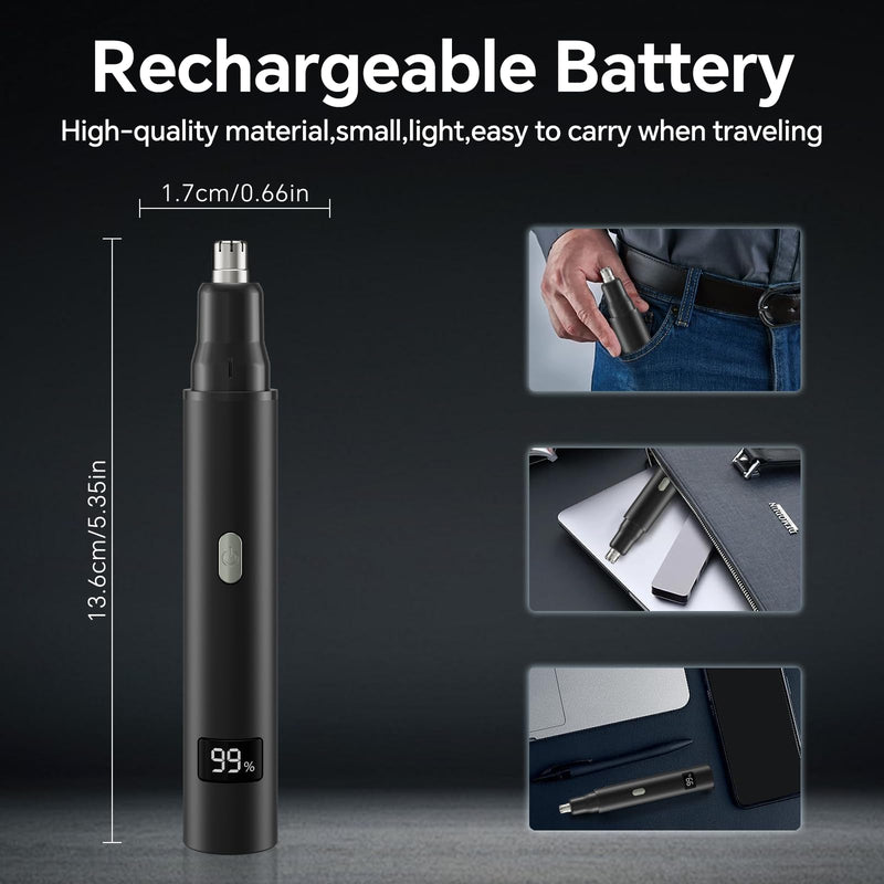 [Australia] - RUIM 3-in-1 Nose Hair Trimmer for Men & Women, Painless Eyebrow Ear Face Groomer, USB-C Fast Charge Waterproof with LED Display, Shower-Safe Travel Kit Gift for Dad Christmas 